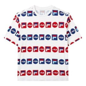 T-shirt med heltryckt logotyp, sportig, lös passform, rund hals, korta ärmar, vit